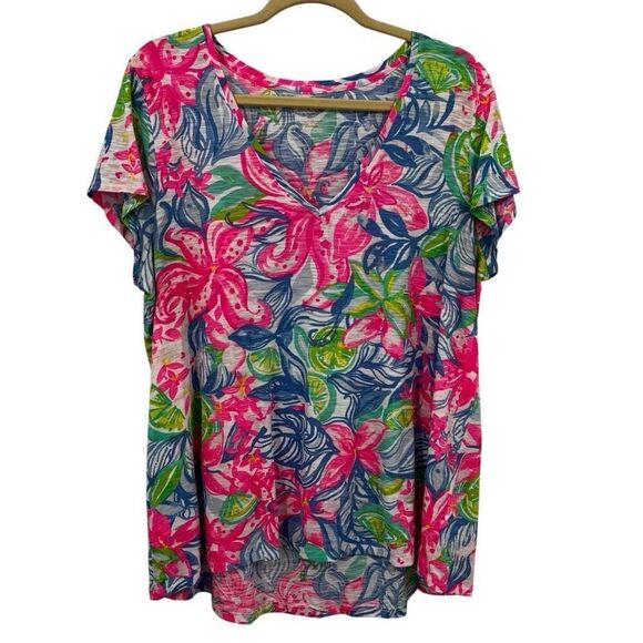 Lilly Pulitzer V-Neck Tee Shirt 001504 Flowers Limes Pink Blue Green Size XL - Picture 1 of 7